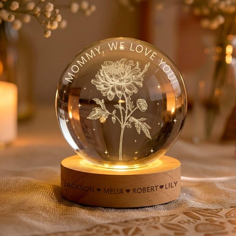 Personalized Birth Month Flower Crystal Ball Night Light, Custom Mother's Day Gift, Birthday Mom Gifts from Daughters, Sons