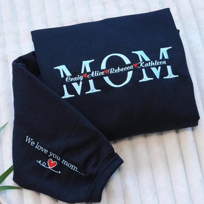 Custom Mom Embroidered Sweatshirt - Personalized Mama Crewneck with Kids Names, Mothers Day Gift Ideas