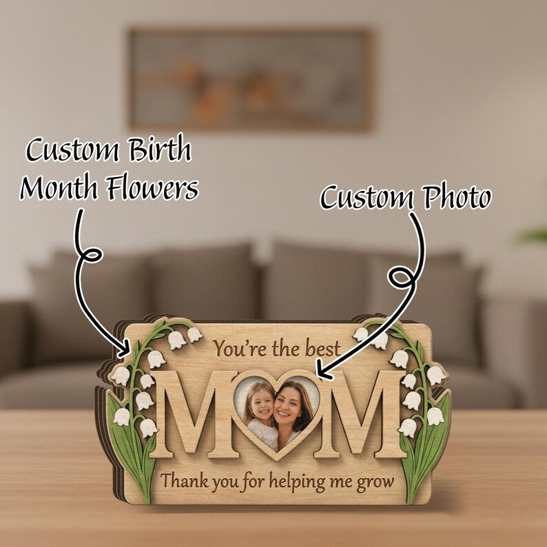 Personalized Mom Photo Wooden Block: Custom Birth Flower Sign, Mothers Day Gift