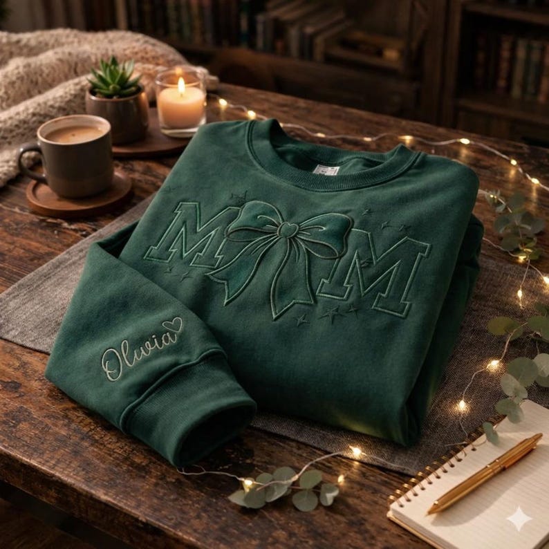 Custom Embroidered Mom Sweatshirt, Personalized Name Bow Crewneck, Mother’s Day Mama Sweater