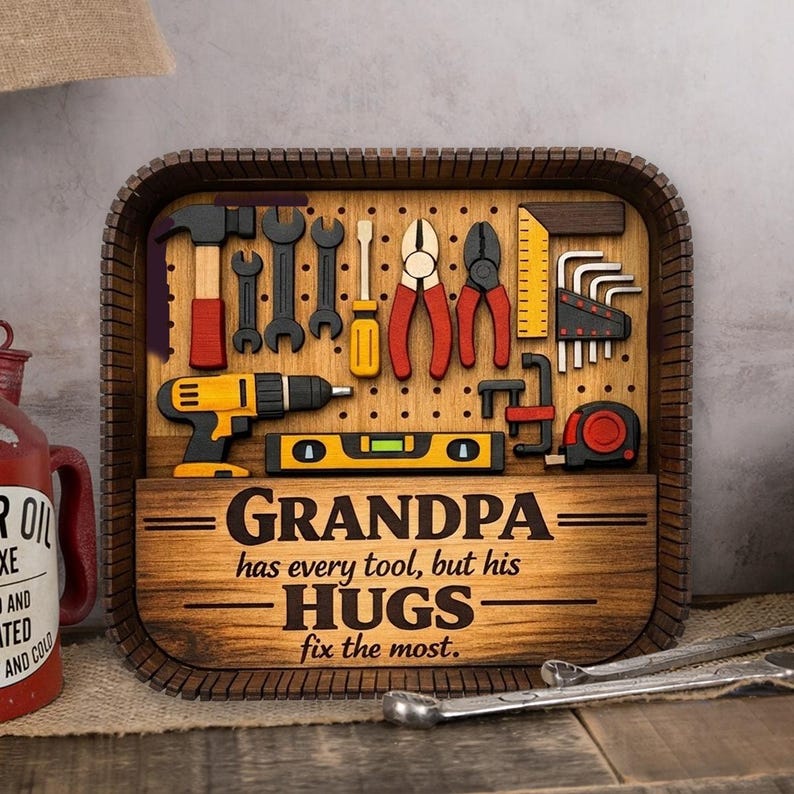 Grandpa Tool Shadow Box – Personalized 3D Wooden Workshop Shelf Decor Father’s Day Gift from Grandkids