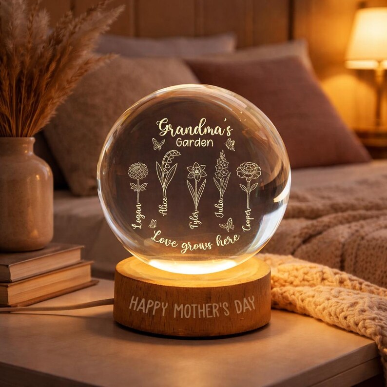 Getfamilygifts™ Grandma Garden Crystal Ball Night Light | Personalized Mother’s Day Gift for Grandma | Custom Grandkids’ Names & Birth Month Flower Keepsake | LED Night Light