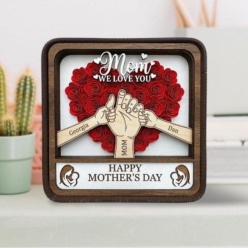Mom Wooden Shadow Box – Personalized 3d Heart Flower Shelf Display With Kids Names