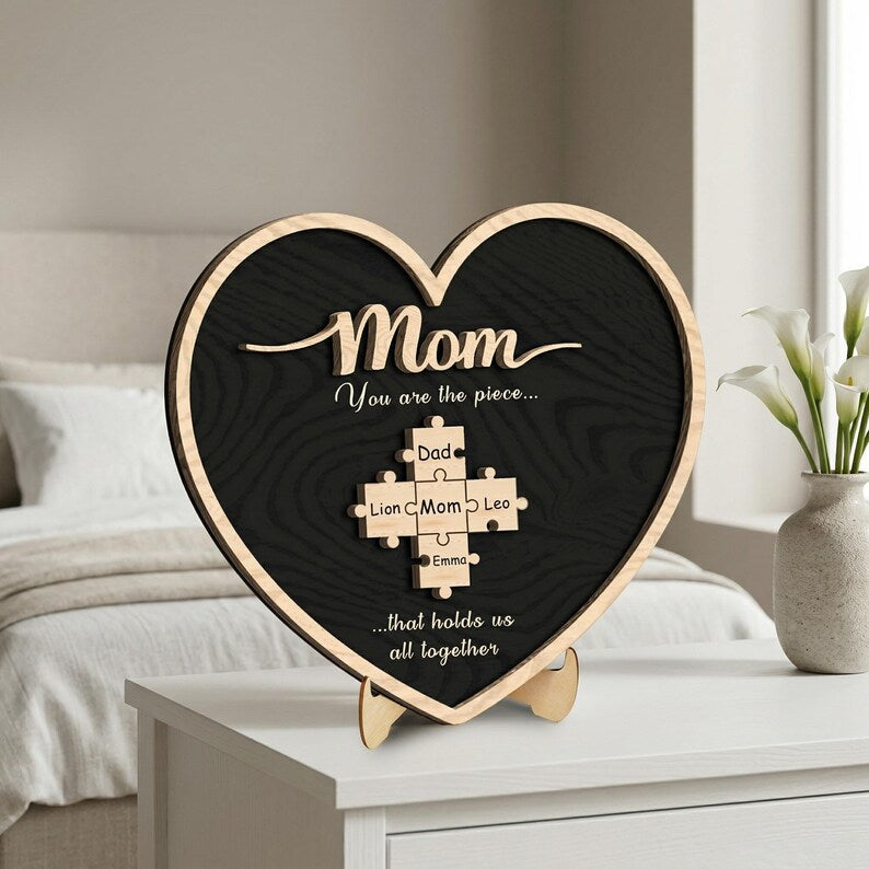 Personalized Heart Puzzle Sign: Mom's Family Name Keepsake, Custom Wood Decor