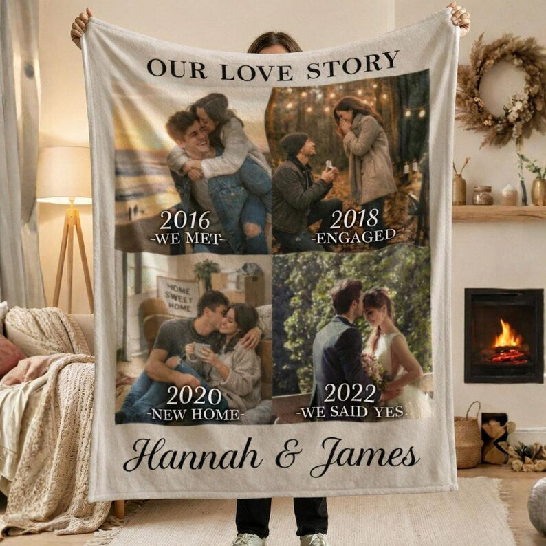 Custom Couple Timeline Blanket Personalized Love Story Photo Gift Wedding Anniversary Throw Long Distance Relationship Engagement Gift