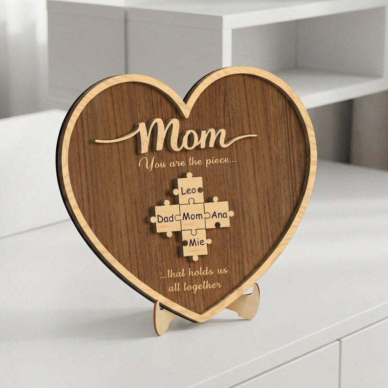 Personalized Heart Puzzle Sign: Mom's Family Name Keepsake, Custom Wood Decor