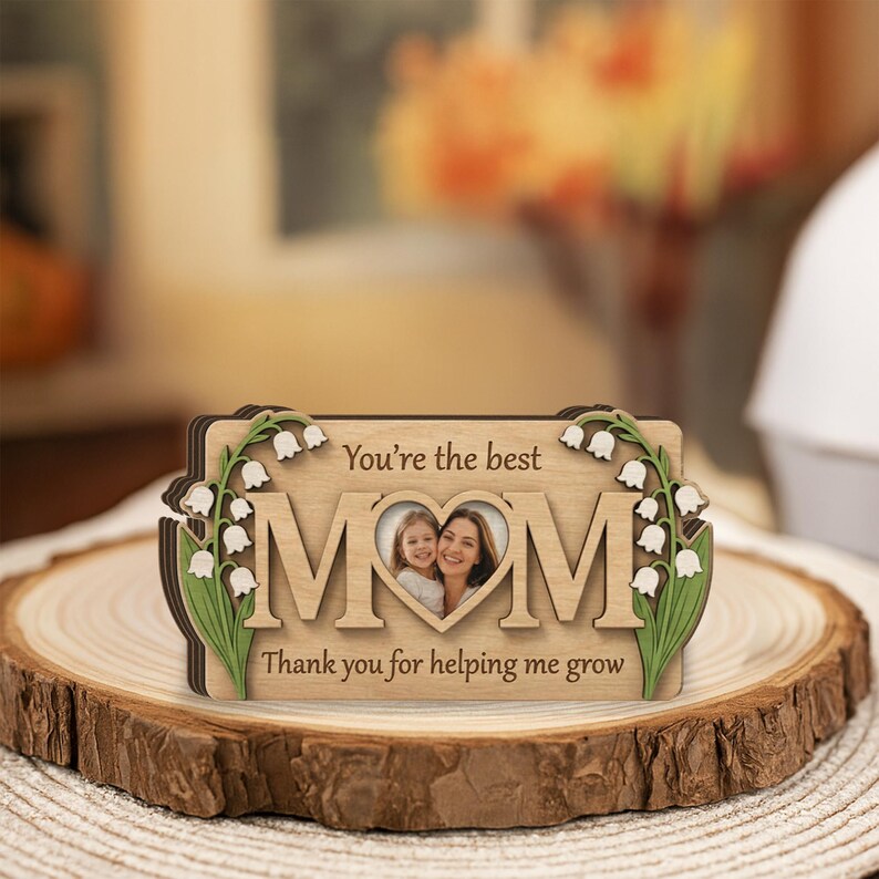 Personalized Mom Photo Wooden Block: Custom Birth Flower Sign, Mothers Day Gift