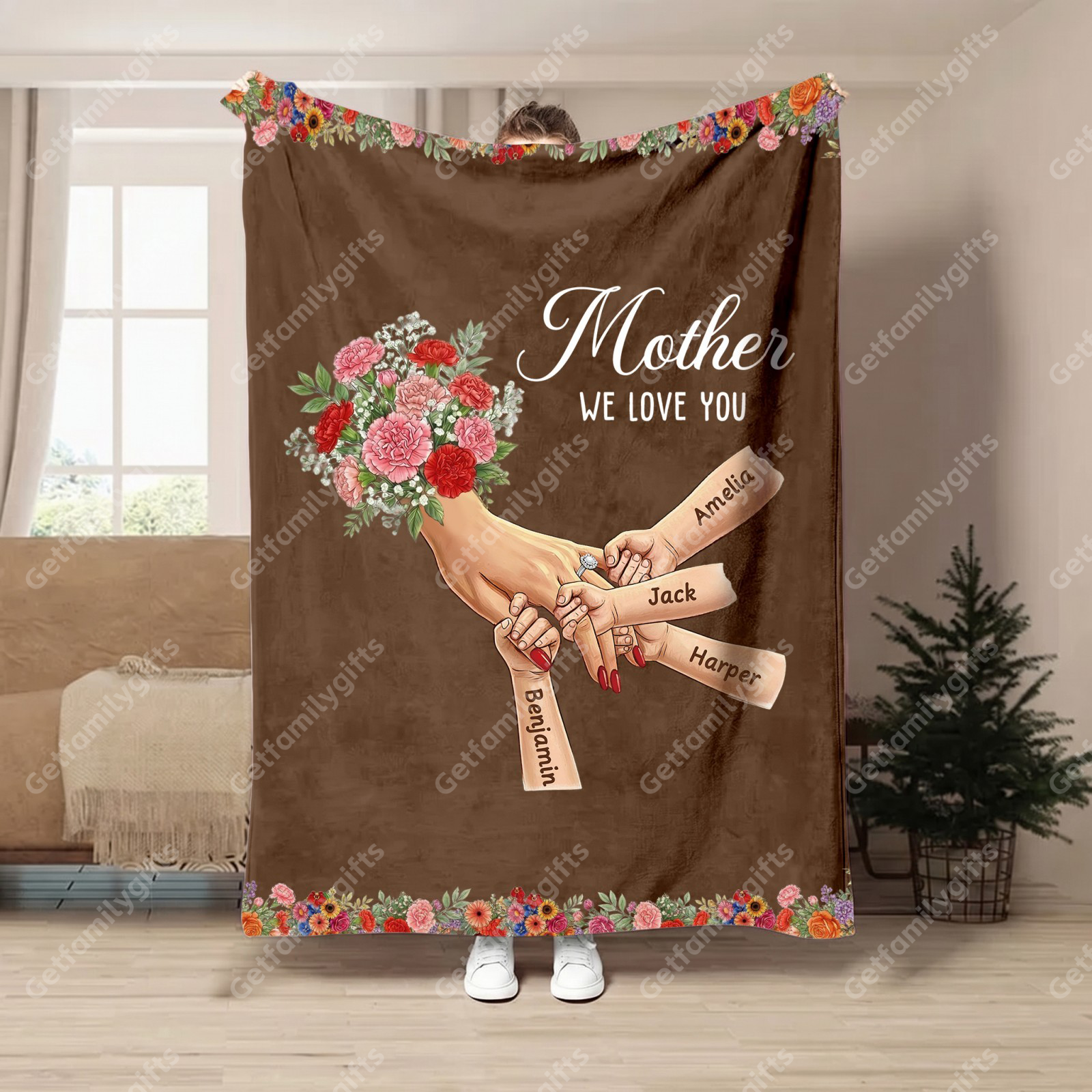 Personalized Mommy Holding Hands Blanket with Ring & Manicure-Mother's Day Gift