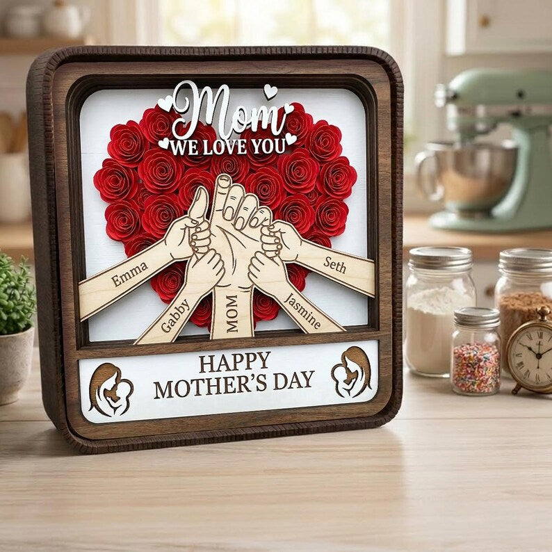 Mom Wooden Shadow Box – Personalized 3d Heart Flower Shelf Display With Kids Names