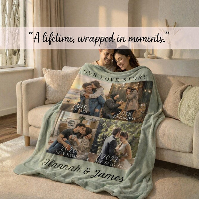Custom Couple Timeline Blanket Personalized Love Story Photo Gift Wedding Anniversary Throw Long Distance Relationship Engagement Gift