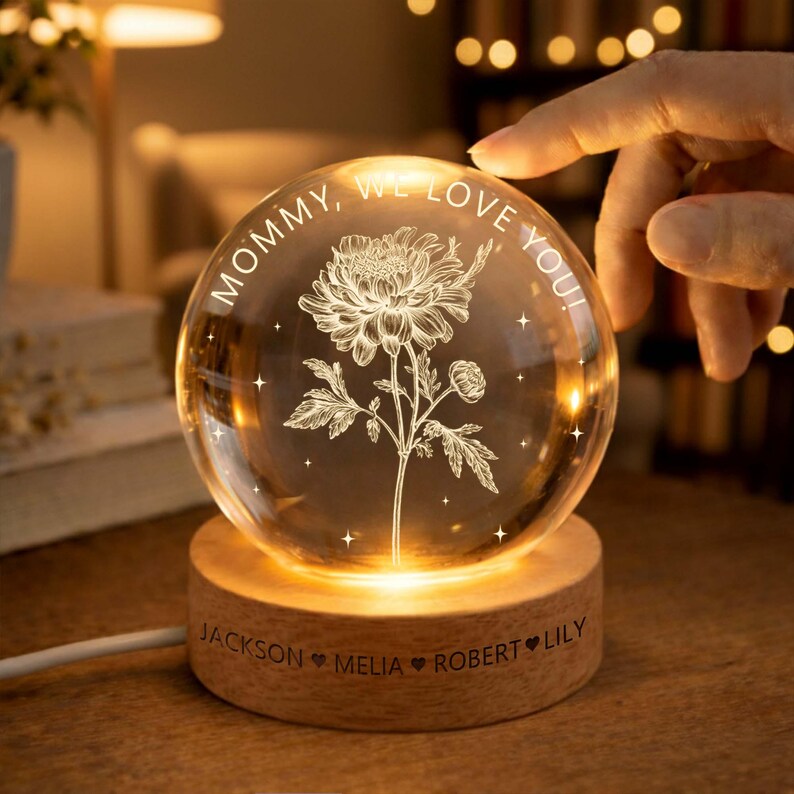 Personalized Birth Month Flower Crystal Ball Night Light, Custom Mother's Day Gift, Birthday Mom Gifts from Daughters, Sons