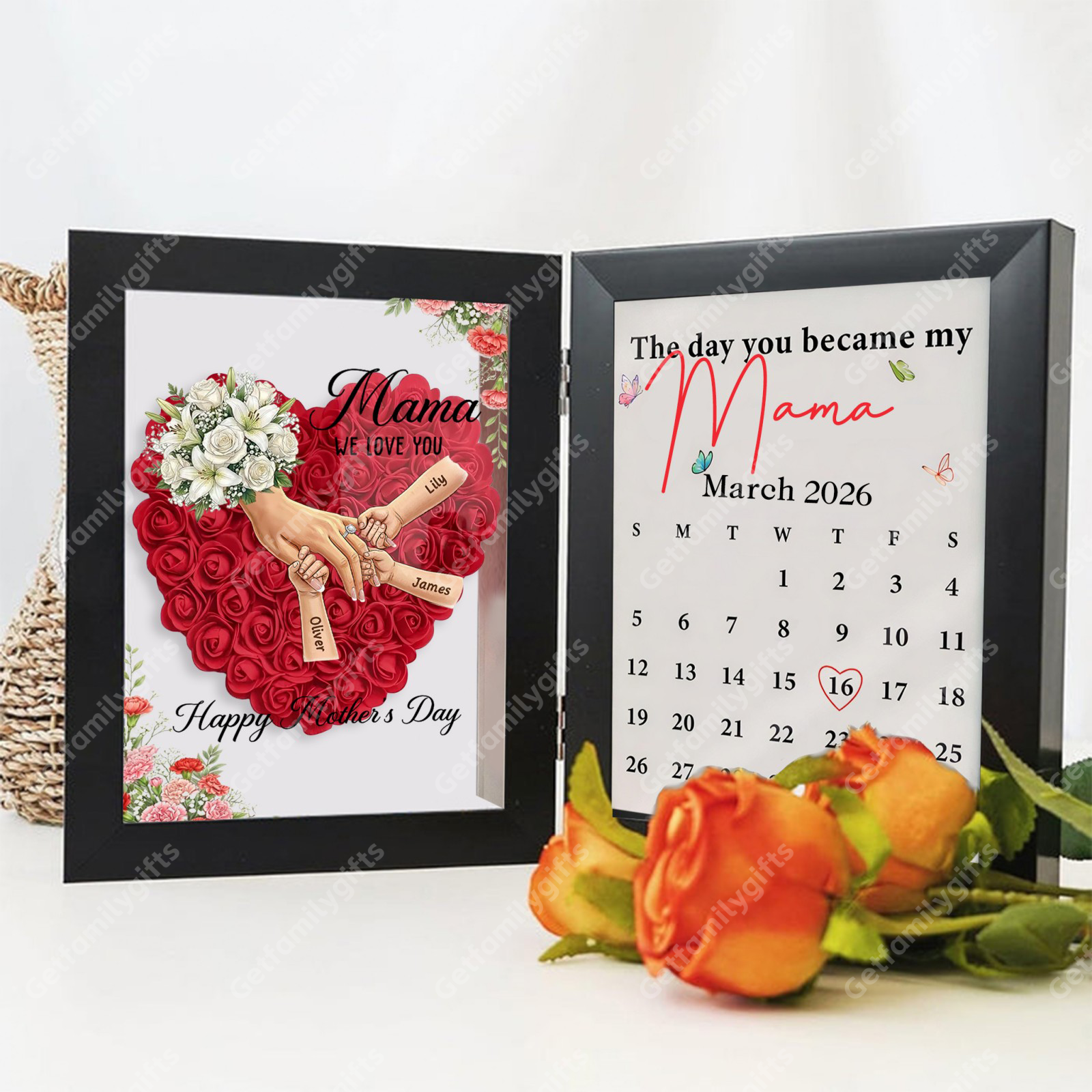 Personalized Mom Holding Hands Folding Flower Shadow Box with Calendar -Mother's Day Gift