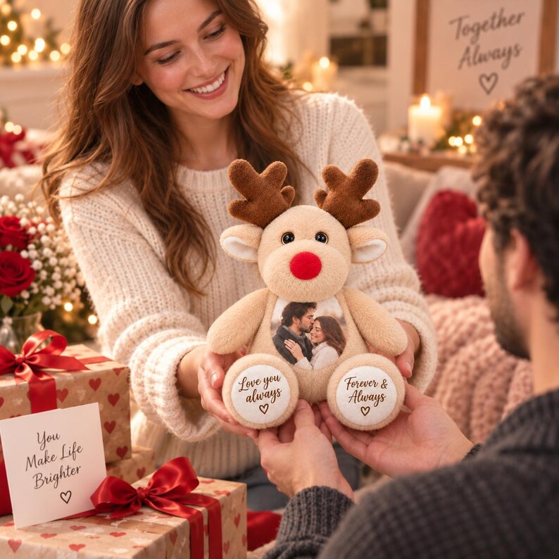Personalized Reindeer Plush,Christmas Gift,Custom Photo Stuffed Animal, Couples Keepsake Gift, Girlfriend Gift, Anniversary Gift