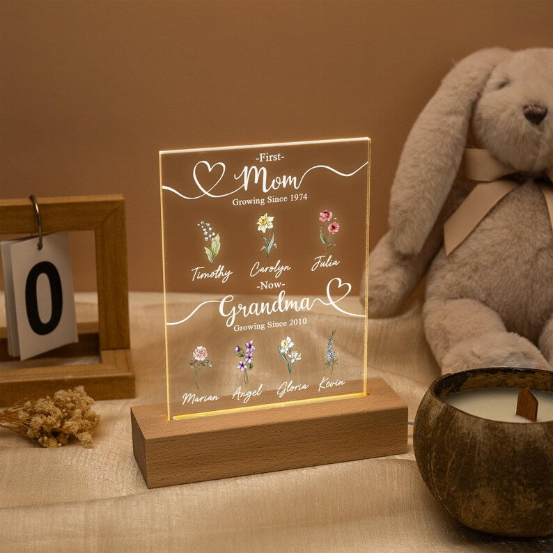 Custom First Mom Now Grandma Night Light,Personalised Birth Month Flower Lamp With Kids Names