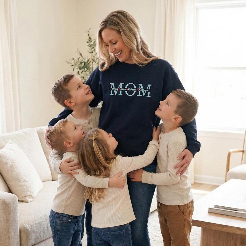 Custom Mom Embroidered Sweatshirt - Personalized Mama Crewneck with Kids Names, Mothers Day Gift Ideas