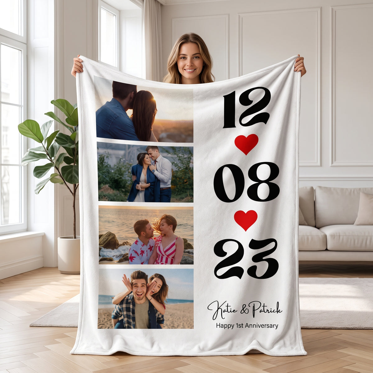Personalized Photo & Date Blanket – 4 Custom Photos + Memorial Date, Soft Plush Throw, Ideal Gift for Couples, Anniversaries & Valentine's Day