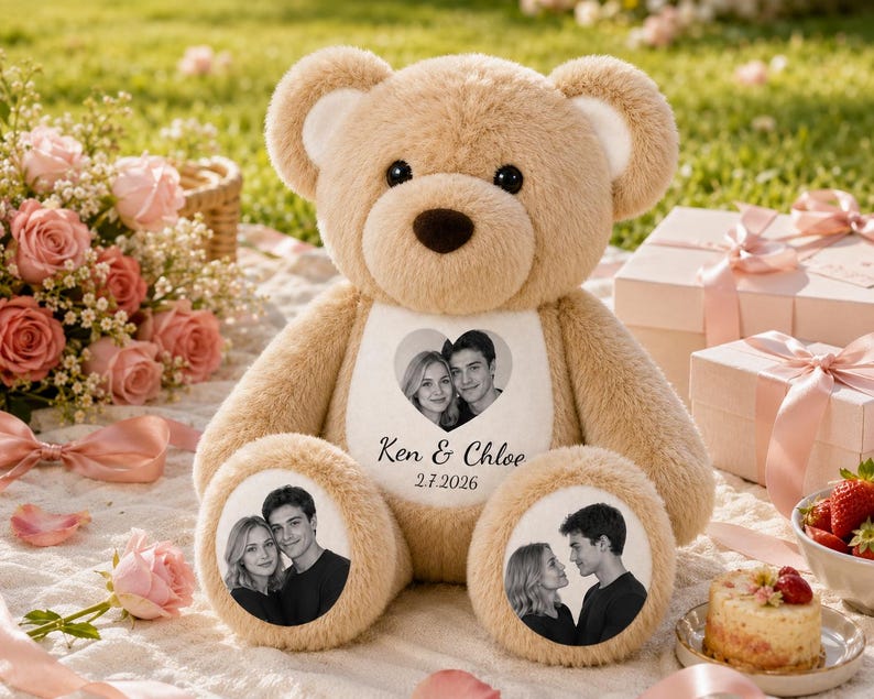 Personalized Photo Teddy Bear, Custom Couple Memory Plush, Anniversary Valentine Gift , Long Distance Relationship Keepsake