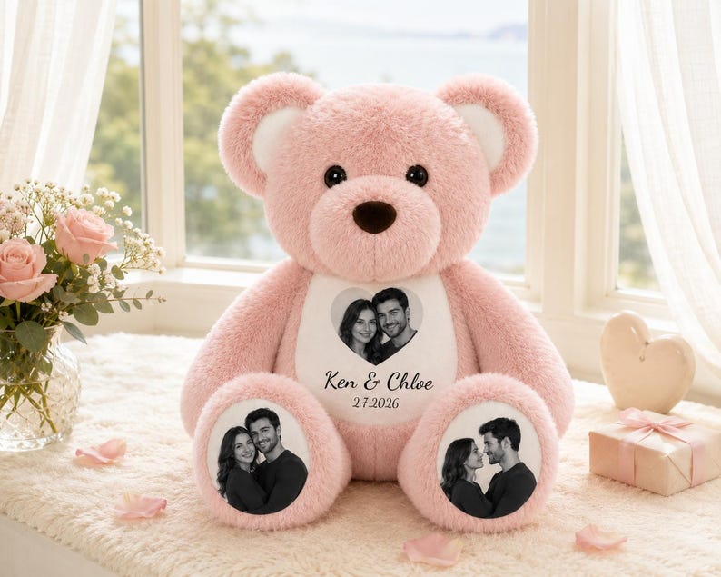 Personalized Photo Teddy Bear, Custom Couple Memory Plush, Anniversary Valentine Gift , Long Distance Relationship Keepsake
