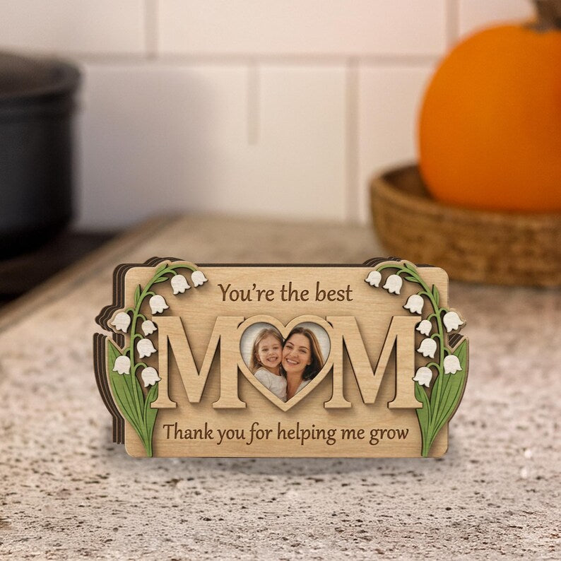 Personalized Mom Photo Wooden Block: Custom Birth Flower Sign, Mothers Day Gift
