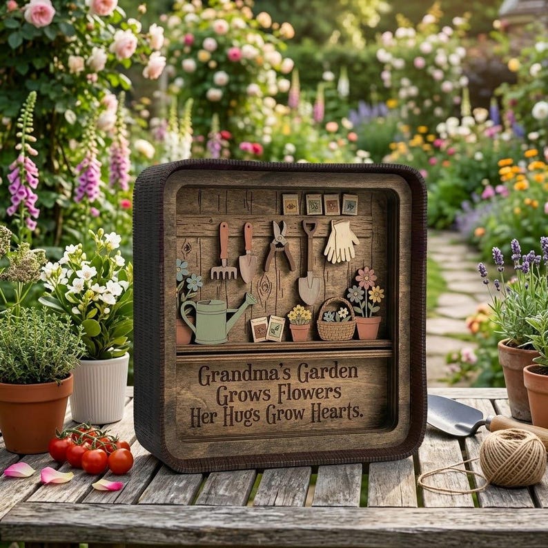 Grandma Garden Wooden Shadow Box – Personalized 3D Garden Tool Shelf Decor