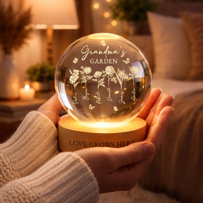 Grandma’s Garden Personalized Birth Flowers Crystal Ball Night Light – Perfect Mother’s Day Gift for Mom from Daughter | Custom LED Crystal Globe with Family Names