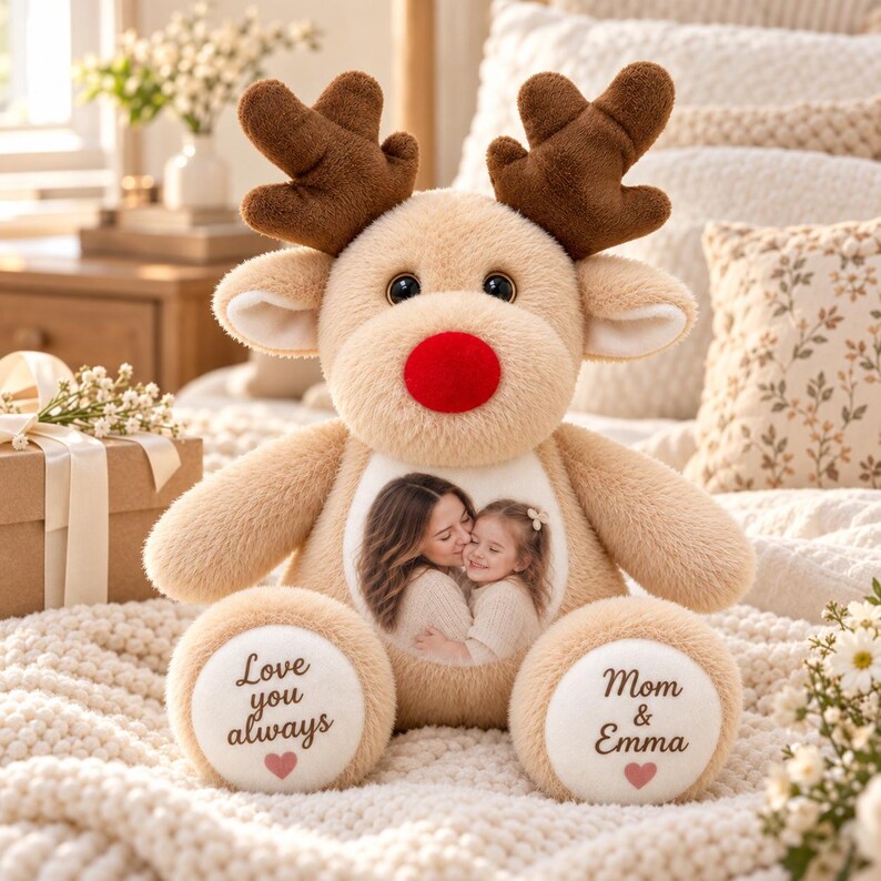 Personalized Reindeer Plush,Christmas Gift,Custom Photo Stuffed Animal, Couples Keepsake Gift, Girlfriend Gift, Anniversary Gift