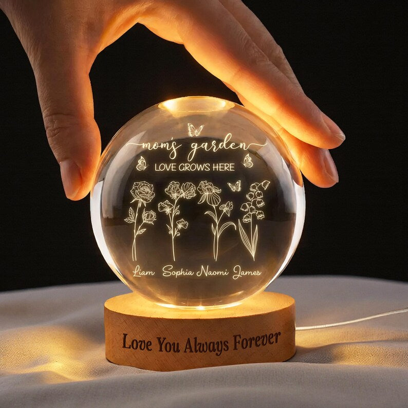 GETFAMILYGIFTS™Custom Grandma’S Garden Crystal Ball Night Light,Birth Month Flower With Grandkids' Names, Gift For Mother’S Day