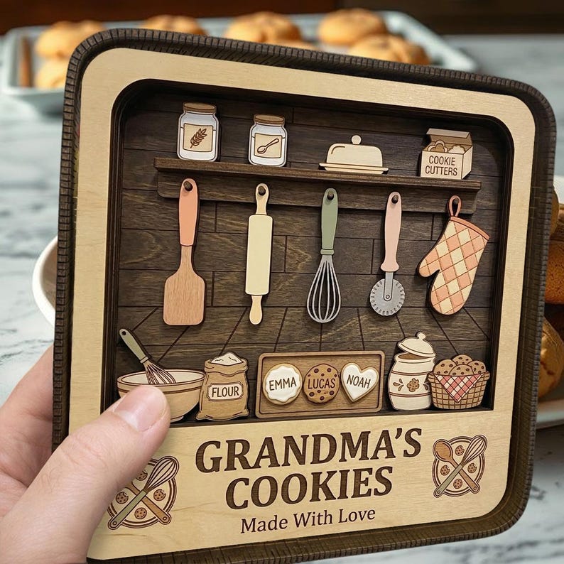 Grandma Baking Shadow Box – Personalized 3d Wooden Cookie Kitchen Decor Gift From Grandkids