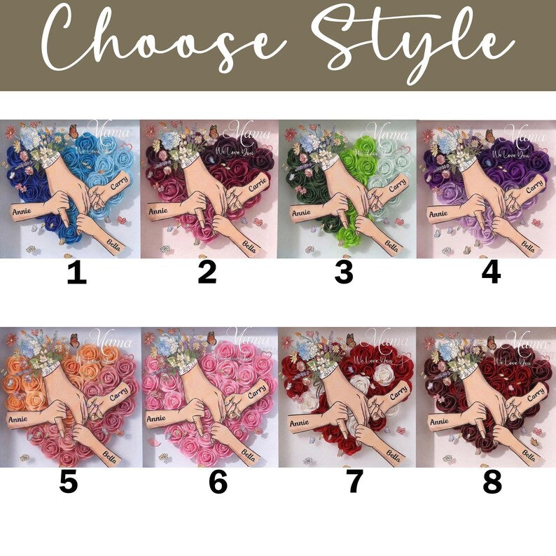 Personalised Rose Heart Hand Holding Flower Shadow Box With Kids Names Gift For Mother’S Day Gift