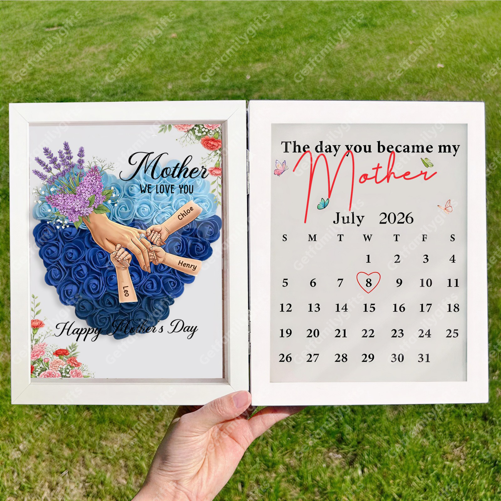 Personalized Mom Holding Hands Folding Flower Shadow Box with Calendar -Mother's Day Gift