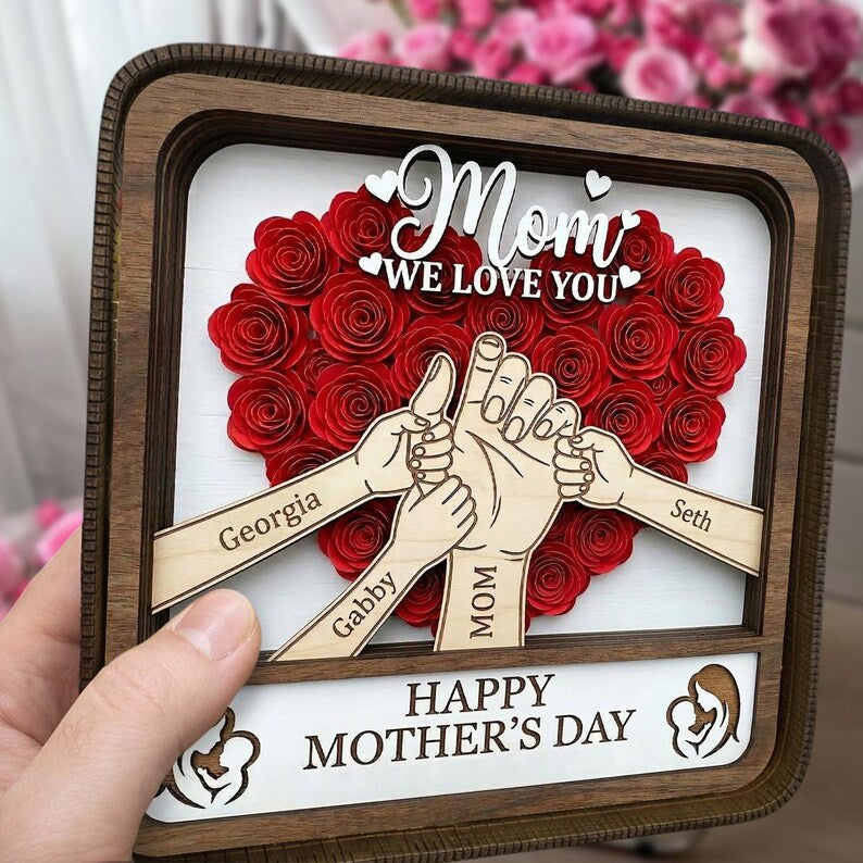 Mom Wooden Shadow Box – Personalized 3d Heart Flower Shelf Display With Kids Names