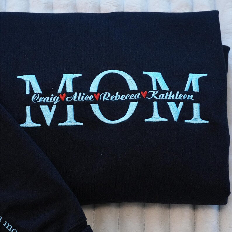Custom Mom Embroidered Sweatshirt - Personalized Mama Crewneck with Kids Names, Mothers Day Gift Ideas