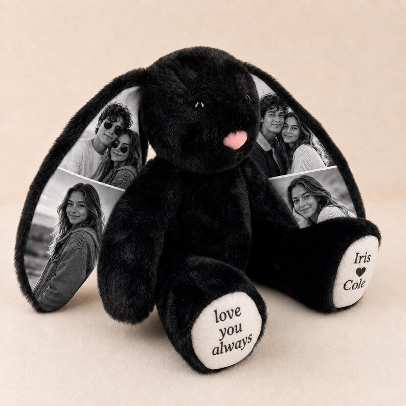 Personalized Photo Bunny Plush with Custom Paw Text-Custom Keepsake Gift for Couples, Family & Loved Ones