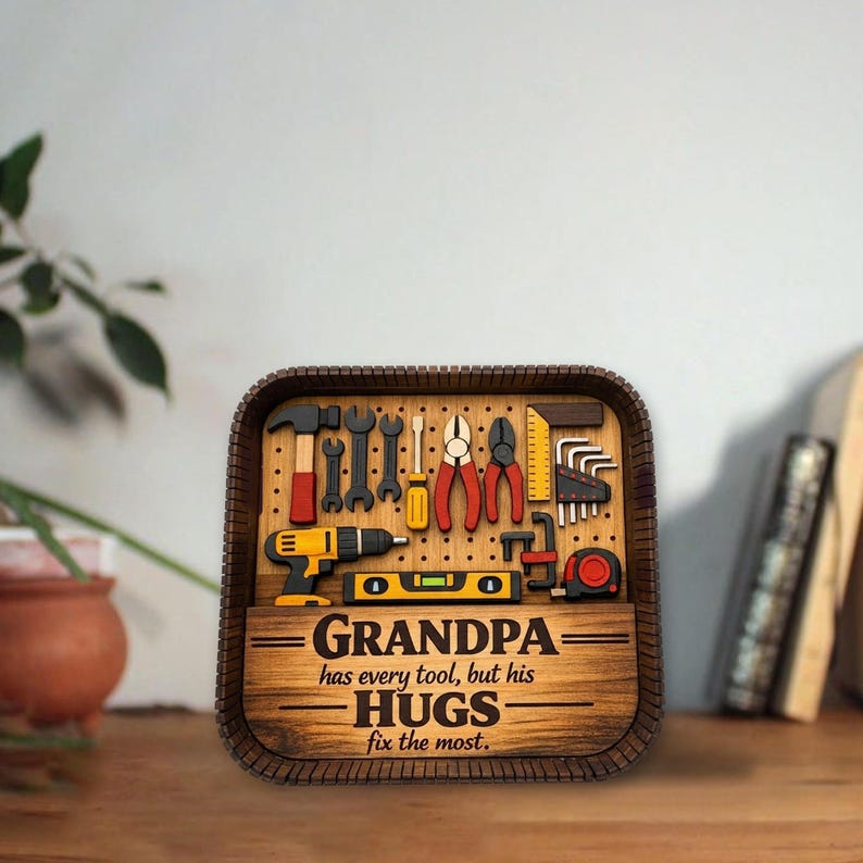 Grandpa Tool Shadow Box – Personalized 3D Wooden Workshop Shelf Decor Father’s Day Gift from Grandkids