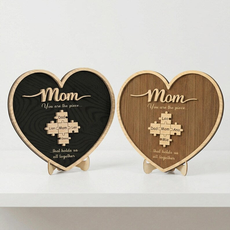 Personalized Heart Puzzle Sign: Mom's Family Name Keepsake, Custom Wood Decor