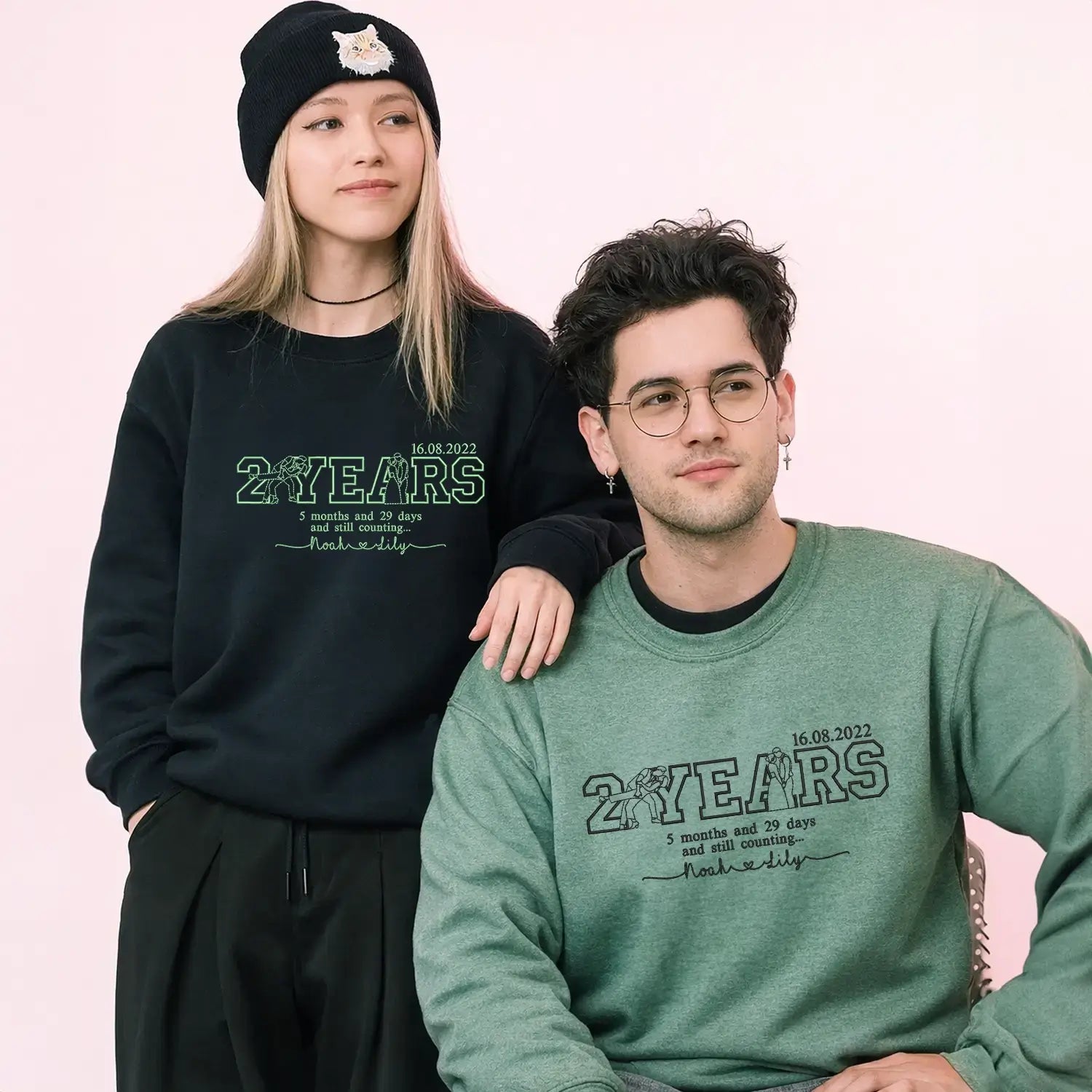 Custom Embroidered Portrait from Photo Sweatshirt or Hoodie with Anniversary Date
