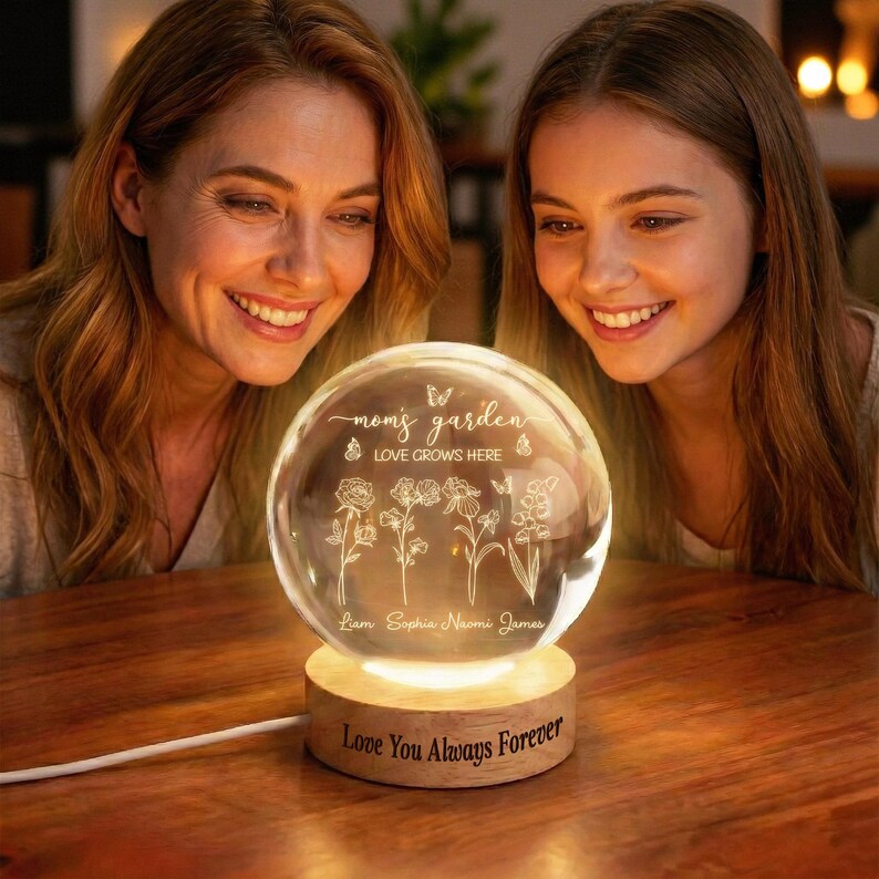 GETFAMILYGIFTS™Custom Grandma’S Garden Crystal Ball Night Light,Birth Month Flower With Grandkids' Names, Gift For Mother’S Day