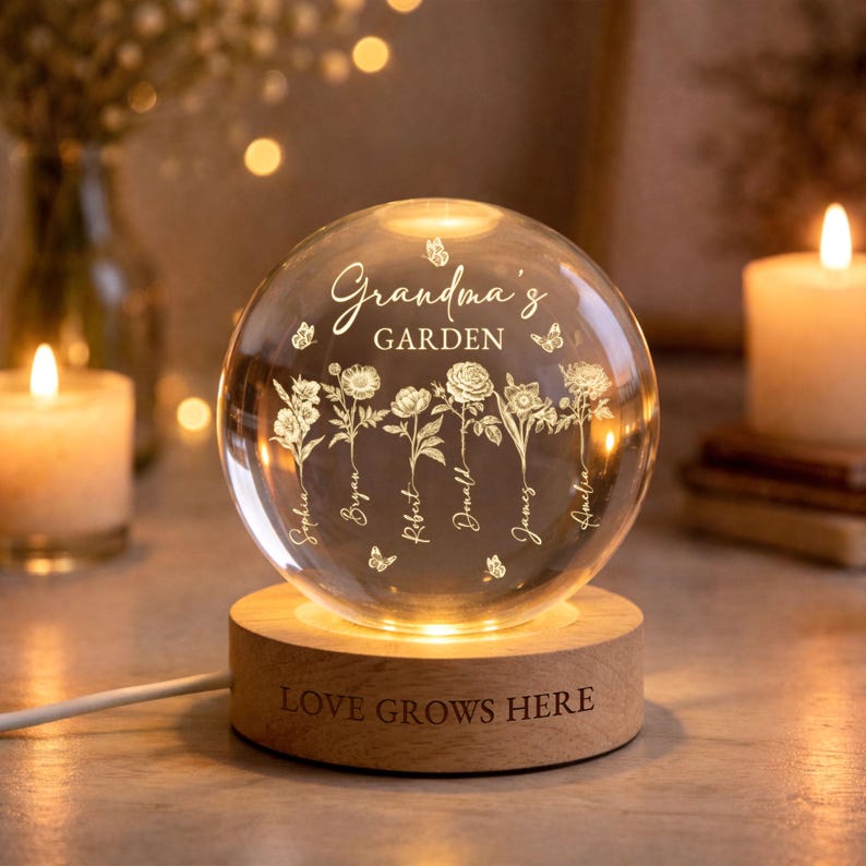 Grandma’s Garden Personalized Birth Flowers Crystal Ball Night Light – Perfect Mother’s Day Gift for Mom from Daughter | Custom LED Crystal Globe with Family Names