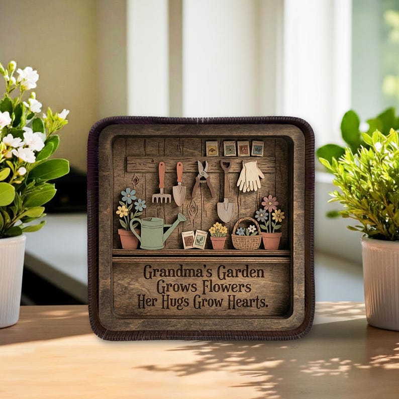 Grandma Garden Wooden Shadow Box – Personalized 3D Garden Tool Shelf Decor