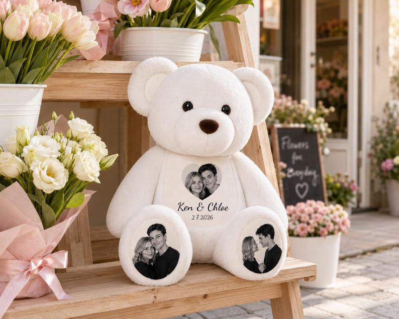 Personalized Photo Teddy Bear, Custom Couple Memory Plush, Anniversary Valentine Gift , Long Distance Relationship Keepsake