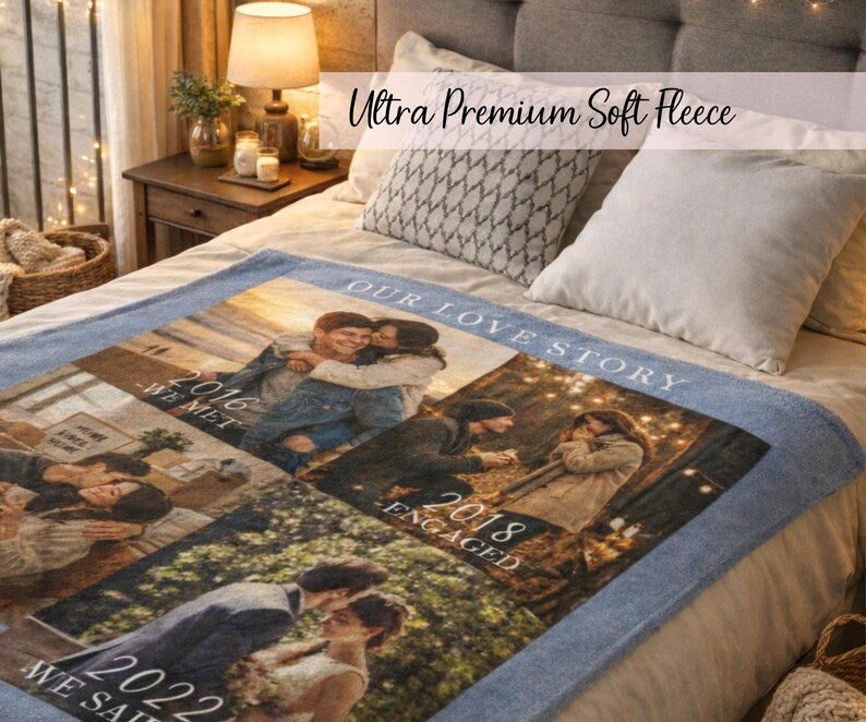 Custom Couple Timeline Blanket Personalized Love Story Photo Gift Wedding Anniversary Throw Long Distance Relationship Engagement Gift