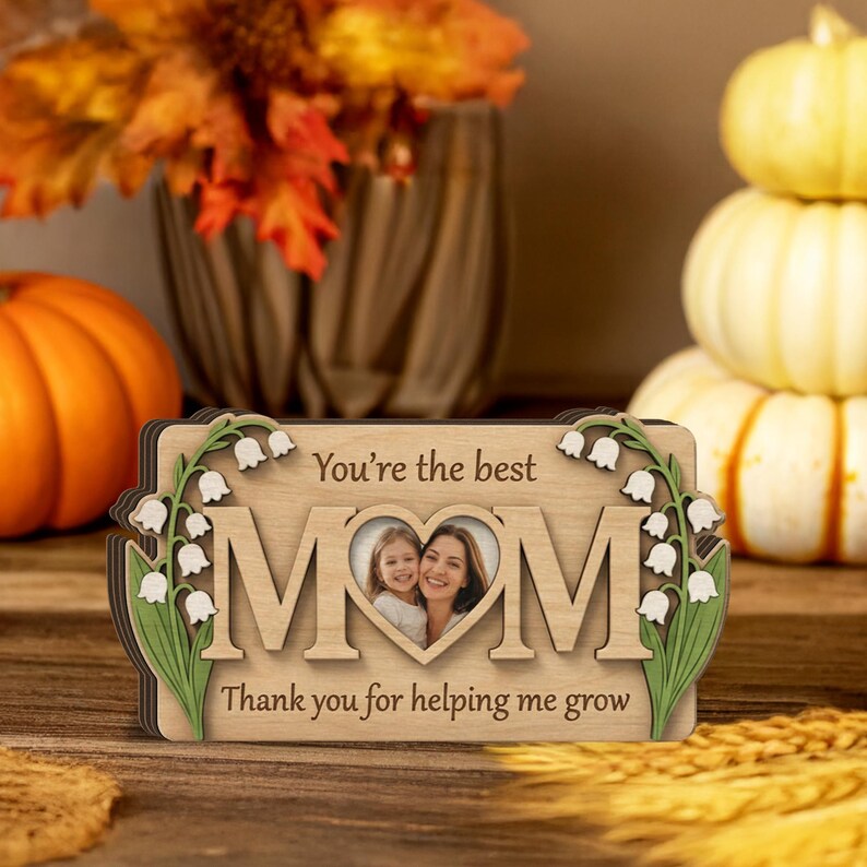 Personalized Mom Photo Wooden Block: Custom Birth Flower Sign, Mothers Day Gift