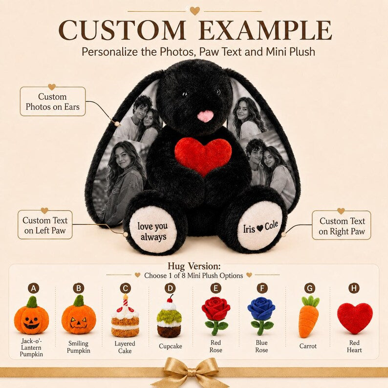 Personalized Photo Bunny Plush with Custom Paw Text-Custom Keepsake Gift for Couples, Family & Loved Ones