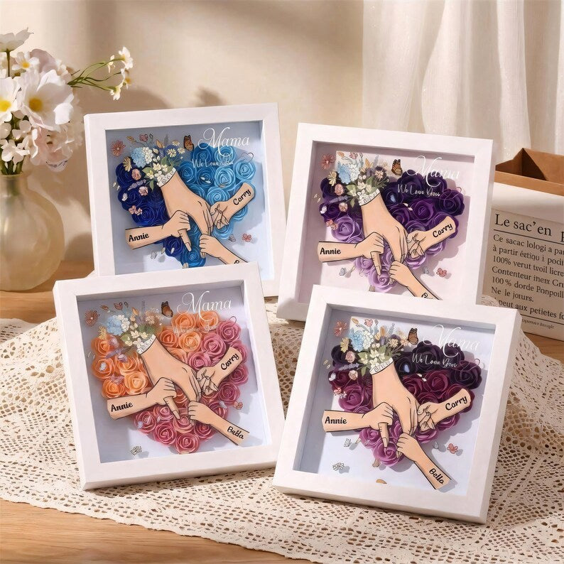 Personalised Rose Heart Hand Holding Flower Shadow Box With Kids Names Gift For Mother’S Day Gift