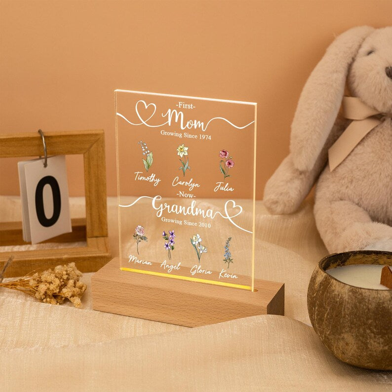 Custom First Mom Now Grandma Night Light,Personalised Birth Month Flower Lamp With Kids Names
