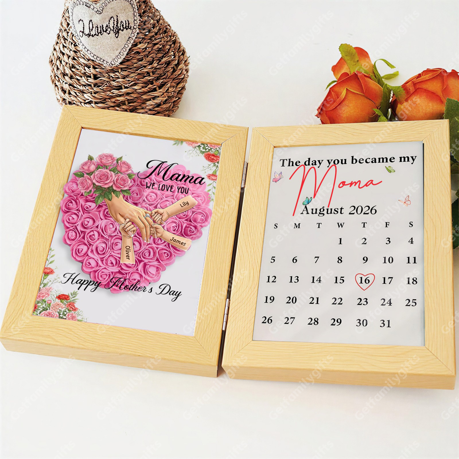 Personalized Mom Holding Hands Folding Flower Shadow Box with Calendar -Mother's Day Gift