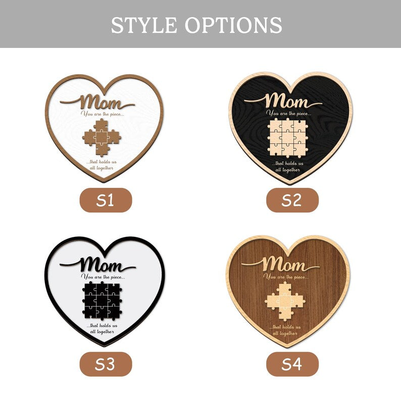 Personalized Heart Puzzle Sign: Mom's Family Name Keepsake, Custom Wood Decor