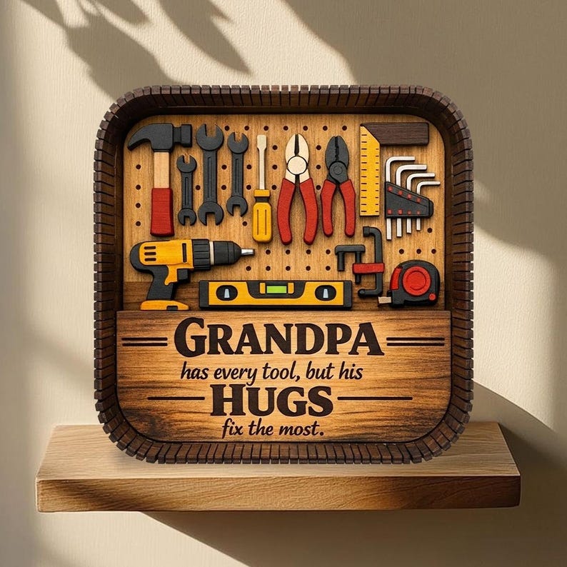 Grandpa Tool Shadow Box – Personalized 3D Wooden Workshop Shelf Decor Father’s Day Gift from Grandkids
