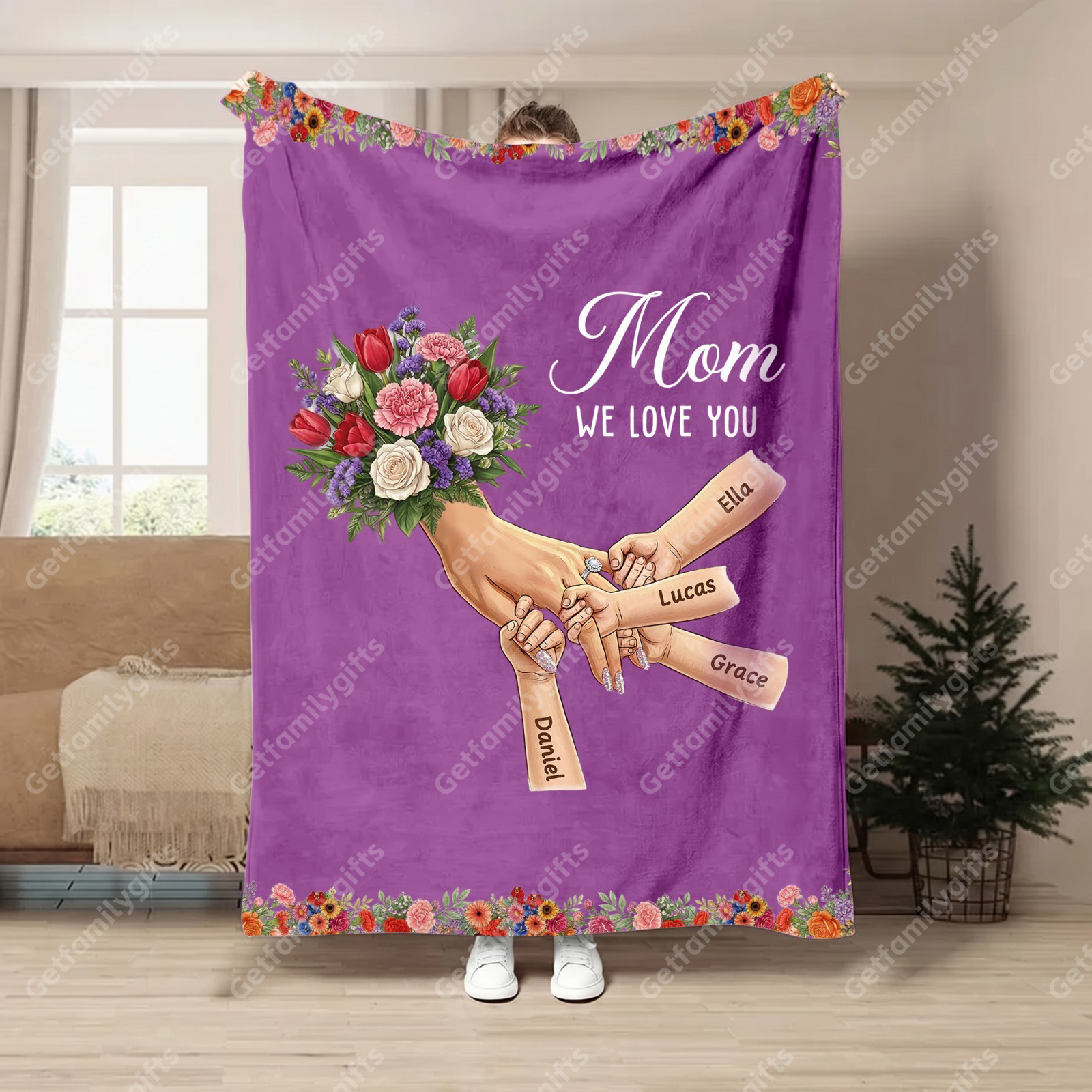 Personalized Mommy Holding Hands Blanket with Ring & Manicure-Mother's Day Gift