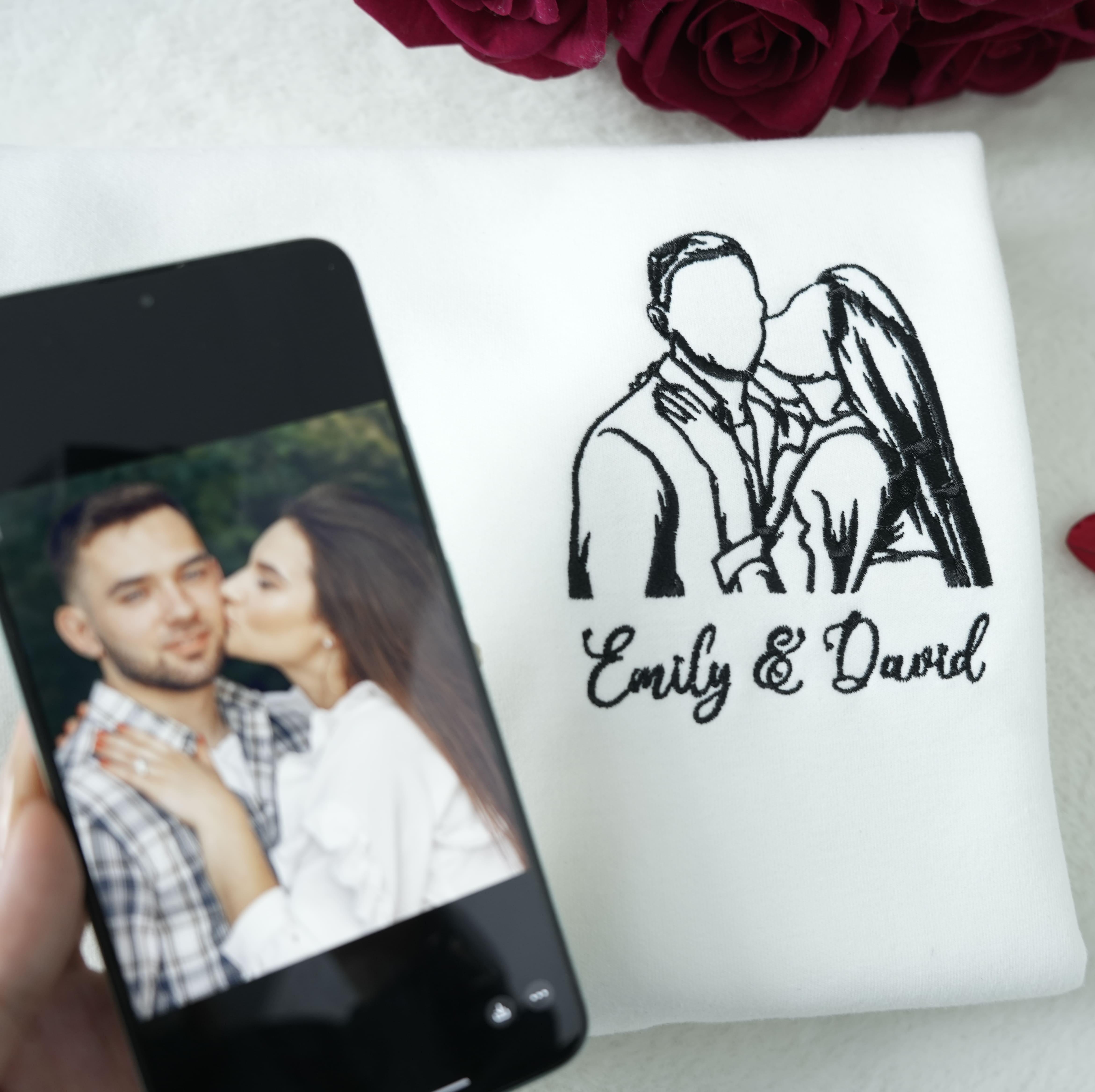 Personalized Couple Sketch Embroidered Sweatshirt – Custom Photo Line Art